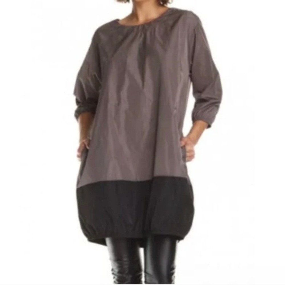 Planet Lauren G MOD Bubble Hem Nylon Dress Lagenlook S/M- 1 Pockets Taupe/Black